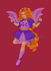 Size: 1500x2100 | Tagged: safe, alternate version, artist:tinypurplebrush, derpibooru import, adagio dazzle, equestria girls, g4, belt, boots, clothes, deviantart watermark, dress, evil smile, female, gem, grin, high heel boots, jacket, obtrusive watermark, red background, red eyes take warning, shoes, simple background, siren gem, smiling, solo, spiked wristband, watermark, wristband