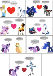 Size: 969x1381 | Tagged: safe, derpibooru import, applejack, king sombra, princess cadance, shining armor, twilight sparkle, horse, g4, 1000 hours in ms paint, comic, crossover, crossover shipping, donut, female, food, gay, heart, homer simpson, lesbian, male, mordecai, not japanese reading order, not salmon, regular show, shipping, simple background, speech bubble, the simpsons, thomas the tank engine, wat, white background