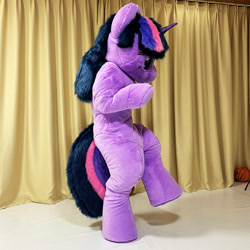 Size: 2000x2000 | Tagged: safe, artist:letongok, derpibooru import, twilight sparkle, unicorn twilight, unicorn, curtains, fursuit, inflatable suit, irl, photo, ponysuit, raised hoof, raised leg, solo