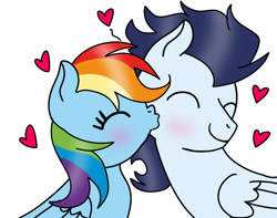 Size: 1280x1007 | Tagged: safe, artist:mrsdashskies, derpibooru import, rainbow dash, soarin', pegasus, pony, blushing, eyes closed, female, kiss on the cheek, kissing, male, mare, shipping, soarindash, stallion, straight