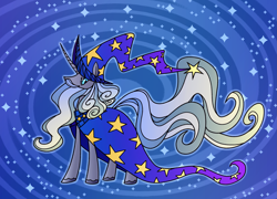 Size: 2551x1832 | Tagged: safe, artist:acura, derpibooru import, star swirl the bearded, unicorn, g4, alternate design, beard, facial hair, hat, horn, long horn, male, moustache, solo, stallion, starry background, unshorn fetlocks, wizard hat, wizard robe