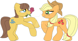 Size: 750x399 | Tagged: safe, artist:izwizzart, derpibooru import, applejack, caramel, earth pony, pony, carajack, female, flower, male, mare, rose, shipping, simple background, stallion, straight, transparent background