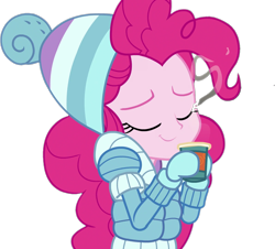 Size: 1193x1080 | Tagged: safe, derpibooru import, pinkie pie, human, equestria girls, g4, clothes, coffee, eyes closed, female, hat, simple background, solo, transparent background, winter hat, winter outfit