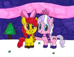 Size: 1042x806 | Tagged: safe, artist:thefieryhawk, derpibooru import, apple bloom, diamond tiara, earth pony, pony, g4, clothes, duo, night, scarf, snow, traditional art, tree