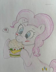 Size: 718x922 | Tagged: safe, artist:elizabethzilla, derpibooru import, pinkie pie, earth pony, blushing, burger, eating, food, hamburger, heart, simple background, solo, traditional art, white background