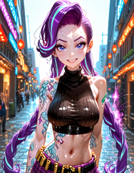 Size: 896x1152 | Tagged: safe, ai content, derpibooru import, machine learning generated, jinx, starlight glimmer, human, g4, arcane, belly, belly button, belt, braid, braided pigtails, breasts, bullet, bullet belt, city, clothes, cosplay, costume, cutie mark on human, female, fit, humanized, jinx (league of legends), league of legends, long hair, looking at you, midriff, outdoors, pants, pigtails, prompter:sammykun, ribs, shirt, short shirt, sleeveless, sleeveless shirt, slender, solo focus, starlight jiggler, street, tattoo, thin, wet