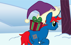 Size: 1098x691 | Tagged: safe, artist:ry-bluepony1, derpibooru import, oc, oc:train track, pony, unicorn, background, butt, hat, horn, male, mane, outdoors, plot, present, snow, stallion, tail, tree