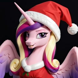 Size: 1080x1080 | Tagged: safe, ai content, derpibooru import, machine learning generated, princess cadance, alicorn, pony, g4, winter wrap up, christmas, female, hat, holiday, horn, looking at you, mare, my little pony: friendship is magic, open mouth, prompter:vesteffi, santa hat, solo, spread wings, wings