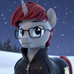 Size: 1080x1080 | Tagged: safe, ai content, derpibooru import, machine learning generated, oc, oc:astral chaser, pony, unicorn, g4, winter wrap up, clothes, gray coat, horn, maroon mane, my little pony: friendship is magic, outdoors, prompter:vesteffi, snow, winter, winter outfit