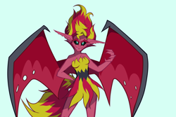 Size: 1920x1280 | Tagged: safe, artist:vitaltoast, derpibooru import, sunset satan, sunset shimmer, demon, human, equestria girls, g4, black sclera, colored, fangs, female, hand on hip, pointed ears, shading, simple background, smiling, smirk, solo