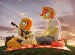 Size: 3840x2800 | Tagged: safe, artist:hooves-art, derpibooru import, bright mac, pear butter, anthro, plantigrade anthro, g4, 3d, 4k, apple, barefoot, basket, blender, cloud, duo, feet, female, food, grass, guitar, guitarist, hat, high res, male, musical instrument, outdoors, pear, this will end in pregnancy