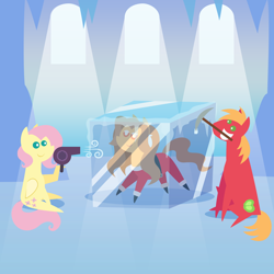 Size: 2160x2160 | Tagged: safe, anonymous artist, derpibooru import, big macintosh, fluttershy, earth pony, pegasus, pony, series:fm holidays, series:hearth's warming advent calendar 2024, g4, advent calendar, alternate hairstyle, christmas, defrosting, female, fluttermac, frozen, hair dryer, high res, holiday, hoof hold, ice cube, lineless, male, mare, mariah carey, mouth hold, pickaxe, pointy ponies, ponified, shipping, short mane, sitting, species swap, stallion, straight, trio