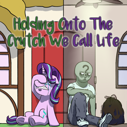 Size: 1920x1920 | Tagged: safe, artist:_butterscotch, derpibooru import, starlight glimmer, oc, oc:anon, human, pony, unicorn, g4, bag, ceiling fan, clothes, commission, cover art, crying, door, duo, duo male and female, fan, female, horn, male, outdoors, rooftop, trash bag, window