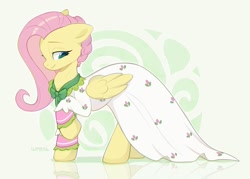 Size: 1795x1284 | Tagged: safe, artist:shmel, derpibooru import, flutterholly, fluttershy, pegasus, pony, a hearth's warming tail, g4, season 6, abstract background, clothes, cute, dress, female, green background, looking down, mare, my little pony: friendship is magic, shyabetes, simple background, smiling, solo