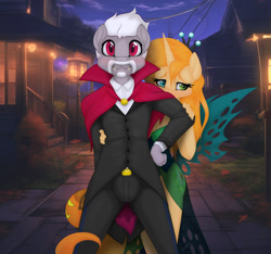 Size: 1200x1125 | Tagged: safe, artist:miniferu, derpibooru import, queen chrysalis, alicorn, anthro, earth pony, g4, clothes, costume, dracula, female, halloween, holiday, male, my little pony, outdoors