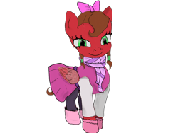 Size: 1024x768 | Tagged: safe, artist:lasty, oc, oc:cherry kiss, pegasus, boots, bow, brown mane, clothes, cosplay, female, female oc, females only, green eyes, hair bow, isabella garcia shapiro, mittens, pegasus oc, phineas and ferb, ponybooru collab 2024, red coat, scarf, shoes, simple background, skirt, standing, tights, transparent background