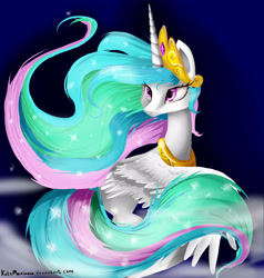 Size: 2000x2100 | Tagged: safe, artist:katemaximova, derpibooru import, princess celestia, alicorn, pony, g4, crown, female, horn, jewelry, mare, peytral, regalia, solo, windswept mane, wings