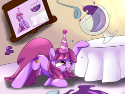 Size: 2500x1866 | Tagged: safe, artist:madacon, artist:underpable, derpibooru import, berry punch, berryshine, earth pony, pony, g4, drink, drunk, female, hat, party hat, punch (drink), punch bowl, solo, spill