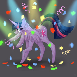 Size: 3000x3000 | Tagged: safe, artist:katemaximova, derpibooru import, twilight sparkle, twilight sparkle (alicorn), alicorn, pony, g4, confetti, covering, female, hiding behind wing, horn, looking at you, mare, my little pony: friendship is magic, nervous, peeking, raised hoof, raised leg, scene interpretation, shy, solo, trade ya!, wings