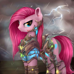 Size: 3000x3000 | Tagged: safe, artist:katemaximova, derpibooru import, pinkie pie, earth pony, pony, g4, armor, badass, cut, female, lightning, mare, pinkamena diane pie, rain, solo