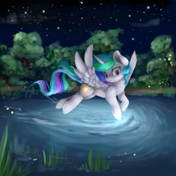 Size: 3000x3000 | Tagged: safe, artist:katemaximova, derpibooru import, princess celestia, alicorn, firefly (insect), insect, pony, g4, female, flying, forest, horn, mare, nature, night, night sky, outdoors, sky, solo, spread wings, tree, water, wings