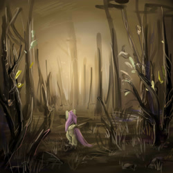 Size: 3000x3000 | Tagged: safe, artist:katemaximova, derpibooru import, fluttershy, pegasus, pony, g4, dark, female, folded wings, forest, mare, nature, outdoors, scenery, solo, tree, wings