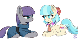 Size: 2320x1237 | Tagged: safe, artist:grissaecrim, derpibooru import, coco pommel, maud pie, earth pony, pony, g4, duo, eye contact, female, looking at each other, looking at someone, lying down, mare, open mouth, prone