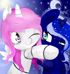 Size: 2000x2100 | Tagged: safe, artist:katemaximova, derpibooru import, princess celestia, princess luna, alicorn, pony, robot, robot pony, g4, cewestia, duo, duo female, female, filly, foal, horn, hug, looking at each other, looking at someone, moon, one eye closed, pink-mane celestia, princess lunabot, robolestia, roboticization, royal sisters, siblings, sisters, smiling, stars, sun, wings, woona, woonabot, younger