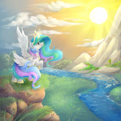 Size: 3000x3000 | Tagged: safe, artist:katemaximova, derpibooru import, princess celestia, alicorn, pony, g4, cloud, crown, female, glowing, glowing horn, grass, hoof shoes, horn, jewelry, magic, mare, mountain, outdoors, peytral, princess shoes, raised hoof, raised leg, raising the sun, regalia, river, scenery, sky, solo, spread wings, sun, water, wings