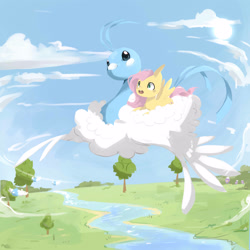 Size: 3000x3000 | Tagged: safe, artist:katemaximova, derpibooru import, fluttershy, pegasus, pony, g4, altaria, cloud, crossover, flying, grass, lying down, lying on a cloud, on a cloud, open mouth, outdoors, pokémon, prone, river, sky, spread wings, sun, tree, water, wings