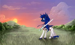 Size: 3000x1800 | Tagged: safe, artist:katemaximova, derpibooru import, princess luna, alicorn, pony, g4, alternate hairstyle, clothes, cloud, cosplay, costume, crossover, female, folded wings, grass, mare, outdoors, sky, solo, sun, sword, sword art online, weapon, wings, yuuki asuna