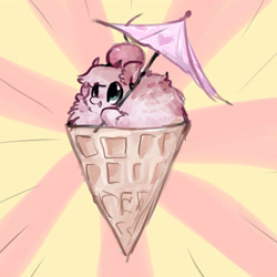 Size: 3000x3000 | Tagged: safe, artist:katemaximova, derpibooru import, oc, oc only, oc:fluffle puff, pony, abstract background, cherry, female, food, ice cream, ice cream cone, smiling, solo, sunburst background, umbrella