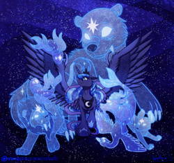 Size: 2400x2254 | Tagged: safe, artist:inuhoshi-to-darkpen, derpibooru import, princess luna, alicorn, bear, big cat, fish, goat, lion, pony, ursa, ursa minor, g4, animal, capricorn, claws, constellation, constellation beast, crown, cygnus, ethereal mane, female, galaxy mane, group, incorporeal, jewelry, large wings, leo, mare, night, patreon, patreon logo, pisces, regalia, smiling, spread wings, starry background, stars, unshorn fetlocks, wing claws, wings