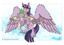 Size: 1800x1275 | Tagged: safe, artist:inuhoshi-to-darkpen, derpibooru import, spike, twilight sparkle, twilight sparkle (alicorn), alicorn, dragon, pony, g4, molt down, :p, butt, cheek fluff, chest fluff, cloud, cute, duo, ear fluff, ears, feathered fetlocks, female, flying, large wings, male, mama twilight, mare, my little pony: friendship is magic, patreon, patreon logo, silly, simple background, sky, spread wings, teaching, tongue, tongue out, transparent background, unshorn fetlocks, winged spike, wings