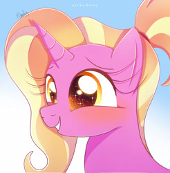 Size: 1024x1040 | Tagged: safe, artist:nnaly, derpibooru import, luster dawn, pony, unicorn, g4, blushing, bust, cute, female, horn, lusterbetes, mare, portrait, signature, smiling, solo, sparkles, sparkly eyes, wingding eyes