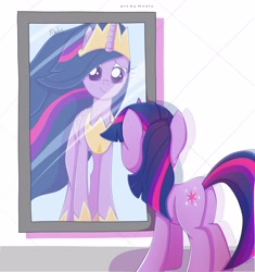 Size: 3000x3190 | Tagged: safe, artist:nnaly, derpibooru import, princess twilight 2.0, twilight sparkle, twilight sparkle (alicorn), unicorn twilight, alicorn, pony, unicorn, g4, the last problem, age difference, butt, crown, eyelashes, female, height difference, high res, hoof shoes, horn, jewelry, mare, mirror, my little pony: friendship is magic, older, older twilight, older twilight sparkle (alicorn), peytral, plot, reflection, regalia, solo, tall, twibutt