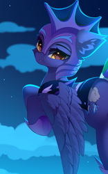 Size: 2690x4320 | Tagged: safe, alternate version, artist:airiniblock, derpibooru import, oc, oc only, oc:lishka, pegasus, pony, advertisement, armor, commission, cropped, cropped porn, fangs, female, flying, looking at you, mare, night guard, patreon, patreon preview, pegasus oc, smiling, solo