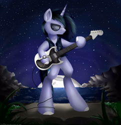 Size: 3000x3100 | Tagged: safe, artist:katemaximova, derpibooru import, oc, oc only, semi-anthro, unicorn, arm hooves, bipedal, clothes, electric guitar, guitar, high res, hoof hold, horn, male, moon, musical instrument, night, outdoors, solo, stallion, sunglasses