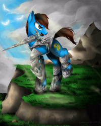 Size: 4000x5000 | Tagged: safe, artist:katemaximova, derpibooru import, oc, oc only, bird, earth pony, pony, absurd resolution, cloud, grass, male, mouth hold, outdoors, raised hoof, raised leg, sky, solo, stallion, sword, weapon