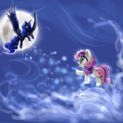 Size: 3000x3000 | Tagged: safe, artist:katemaximova, derpibooru import, princess luna, sweetie belle, alicorn, pony, unicorn, g4, blank flank, duo, duo female, female, filly, foal, full moon, high res, horn, looking at each other, looking at someone, mare, moon, spread wings, wings