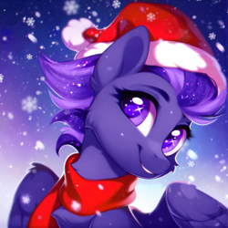 Size: 2000x2000 | Tagged: safe, ai content, derpibooru import, oc, oc only, oc:shadow galaxy, pegasus, pony, ai composition, bust, christmas, clothes, cute, ethereal mane, female, gradient background, hat, holiday, looking at you, mare, pegasus oc, portrait, prompter:shad0w-galaxy, red scarf, santa hat, scarf, smiling, snow, snowfall, solo, starry eyes, starry mane, wingding eyes