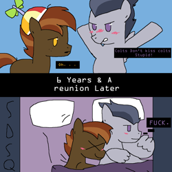 Size: 2048x2048 | Tagged: safe, artist:sdsq, derpibooru exclusive, derpibooru import, button mash, rumble, earth pony, pegasus, pony, g4, bed, blushing, colt, cuddling, denial's not just a river in egypt, duo, duo male, foal, gay, male, ship:rumblemash, shipping, stallion