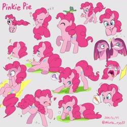 Size: 2024x2025 | Tagged: safe, artist:miura_ryo33, derpibooru import, gummy, pinkie pie, alligator, earth pony, insect, ladybug, pony, g4, party of one, too many pinkie pies, emanata, exclamation point, eyes closed, faic, female, flower, grass, gray background, heart, high res, lying down, male, mare, my little pony: friendship is magic, onomatopoeia, open mouth, open smile, pinkamena diane pie, pinkie frogmouth, prone, question mark, shocked, simple background, smiling, sound effects, speech bubble, zzz