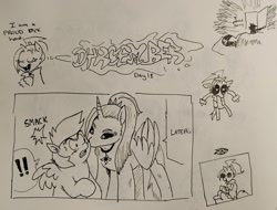 Size: 2048x1557 | Tagged: safe, artist:pony quarantine, derpibooru import, cloudy daze, curtain call, oc, oc:dyx, oc:ponyquarantine, alicorn, human, pegasus, pony, g4, black sclera, canon x oc, dialogue, dragon ball, dyxcember, exclamation point, eyes closed, fangs, female, filly, foal, grayscale, human male, kiss on the cheek, kissing, male, mare, monochrome, older, older dyx, open mouth, open smile, pen drawing, smiling, spread wings, straight, traditional art, wings