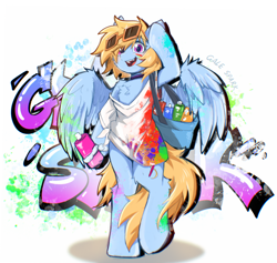 Size: 2132x2022 | Tagged: safe, artist:gale spark, derpibooru import, oc, oc only, oc:gale spark, pegasus, pony, semi-anthro, chest fluff, clothes, collar, glasses, graffiti, open mouth, smiling, solo, spray can, spray paint