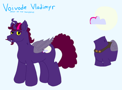 Size: 6200x4600 | Tagged: safe, artist:batpony, derpibooru import, oc, oc only, oc:voivode vladimyr, alicorn, bat pony, bat pony alicorn, horse, pony, undead, vampire, vampony, bat pony alicorn oc, bat pony oc, bat wings, cloak, clothes, curly hair, curly mane, curly tail, curved horn, cutie mark, facial hair, fangs, horn, magenta mane, magenta tail, male, mane, membranous wings, pink mane, pink tail, purple fur, reference sheet, royalty, simple background, solo, tail, vampire bat pony, wings