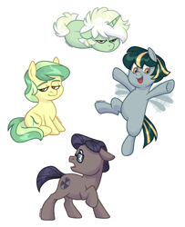 Size: 1497x1844 | Tagged: safe, artist:pigeorgien, derpibooru import, oc, oc only, oc:fallout, oc:half-life, oc:trefoil clover, oc:uranium fever, earth pony, pegasus, pony, unicorn, chibi, female, flapping wings, flying, glasses, horn, lying down, male, mare, simple background, sitting, stallion, white background, wings