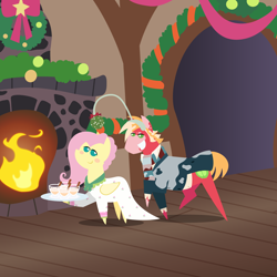 Size: 2160x2160 | Tagged: safe, anonymous artist, derpibooru import, big macintosh, flutterholly, fluttershy, earth pony, pegasus, pony, series:fm holidays, series:hearth's warming advent calendar 2024, a hearth's warming tail, g4, advent calendar, alternate hairstyle, bedroom eyes, blush sticker, blushing, christmas, christmas wreath, clothes, dress, duo, eggnog, female, fire, fireplace, flirting, flour, fluttermac, garland, grin, high res, holiday, lineless, male, mare, mistletoe, muttonchops, my little pony: friendship is magic, ornament, pointy ponies, raised hoof, raised leg, scarf, shipping, smiling, stallion, straight, wreath