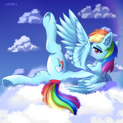 Size: 3000x3000 | Tagged: safe, artist:divori, derpibooru import, rainbow dash, pegasus, pony, g4, cloud, female, looking at you, lying down, lying on a cloud, mare, on a cloud, on side, raised leg, solo, spread wings, wings