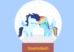 Size: 3553x2499 | Tagged: safe, anonymous artist, derpibooru exclusive, derpibooru import, rainbow dash, soarin', pegasus, pony, series:soarindash hearth's warming, series:soarindash romantic tales, g4, christmas, eyes closed, female, hearth's warming, holiday, male, mare, pointy ponies, shipping, smiling, snow globe, soarindash, stallion, straight